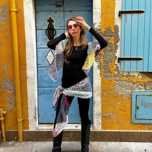Colorful silk mohair shawl Multicolor knitted cover up Unique geometric wrap Patchwork light scarf Trendy rainbow wrap Crochet bright shawl