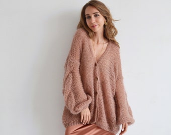 Beige button mohair cardigan, Chic handknit cardigan, Oversized light cardigan, Wool summer cardigan, Short chunky knit cardigan