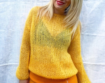 Pumpkin  sweater, mohair sweater, yellow sweater, hand knit sweater, chunky knit sweater, long sleeves sweater, mustard wool, gold sweater