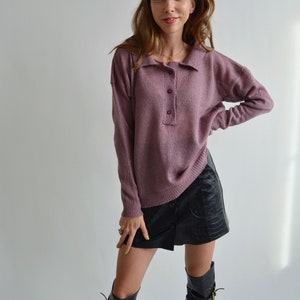 Mauve collared alpaca sweater Polo retro style sweater Polo style merino wool sweater Buttoned stylish sweater Sexy soft polo shirt sweater