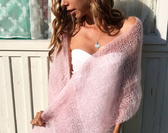 Pink mohair bridal shawl Bridal cover up Wedding knit shrug Handknit bridal shawl Bridal soft cape Silk mohair shawl Wedding boho bolero