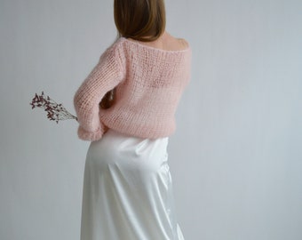 Blush pink bridal sweater Wedding mohair sweater Bridesmaid knitted cover up Light wedding shrug Chic bridal wrap Pale pink sweater