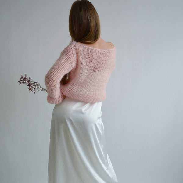 Blush pink bridal sweater Wedding mohair sweater Bridesmaid knitted cover up Light wedding shrug Chic bridal wrap Pale pink sweater