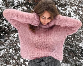 Pink sweater, Mohair sweater, Loose knit sweater, Turtleneck sweater,  Spring sweater, Women wool sweater, pink knitted top, Cozy sweater