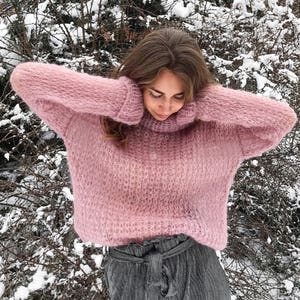 Pink sweater, Mohair sweater, Loose knit sweater, Turtleneck sweater,  Spring sweater, Women wool sweater, pink knitted top, Cozy sweater