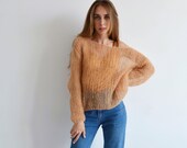 Camel mohair sweater, Peach loose handknit sweater, Off shoulder light sweater, Oversized bohemian sweater, Wool sexy sweater