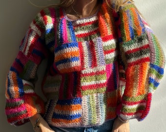 Patchwork multicolor sweater Rainbow geometric sweater Colorful short sweater Unique extravagant sweater Bright handknit  wool sweater