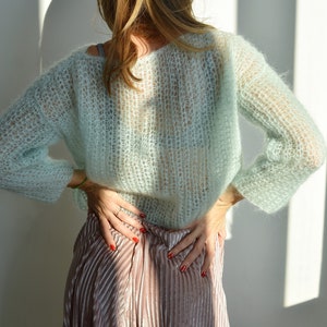 Lime cream cropped mohair sweater Light mint short bohemian sweater Soft pastel sweater Basic handknit wool sweater Minimalist sweater