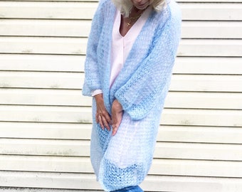 Blaue Mohair Strick-Strickjacke,Damen Wollstrick-Strickjacke,weiche lockere Strickjacke,Wollstrickjacke,Damen Mohair Strickjacke