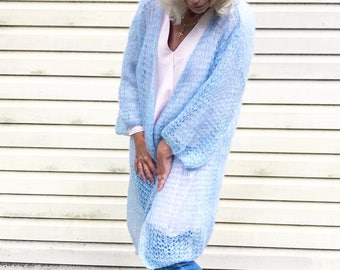 Cardigan en tricot de mohair bleu, cardigan en tricot de laine pour femmes, cardigan ouvert devant, cardigan lâche doux, cardigan en mohair épais, tricots en mohair pour femmes