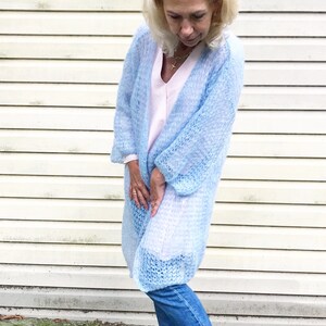Light Blue Cable Knit Mohair Cardigan, Oversized Sky Blue Light Blue Cable Knit Mohair Cardigan, Oversized Sky Blue