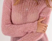 Rose gold mohair sweater, light pink embellished sweater, soft wool knit sweater, loose knit sweater, handknit elegant sweater for women