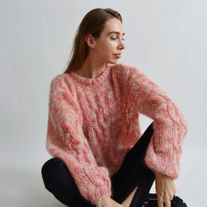 Coral melange mohair sweater Soft handknit sweater Fluffy chic sweater Warm rainbow sweater Loose multicolor sweater Sexy chunky sweater image 1