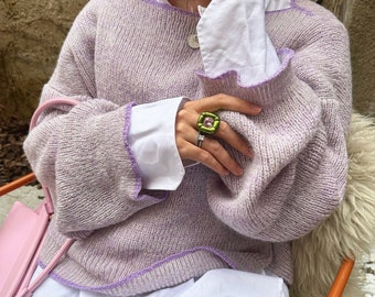 Lilac merino wool sweater Oversized alpaca sweater Knitted chunky sweater Stylish basic sweater Wool slouchy sweater Soft warm sweater
