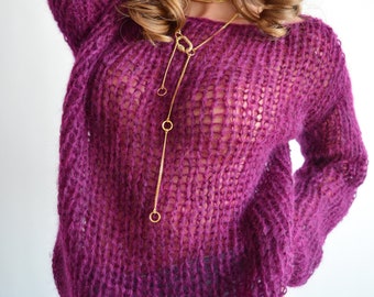 Blackberry mohair sweater Loose alpaca sweater Soft handknit sweater Chunky basic sweater Light bohemian sweater Wool mesh sweater