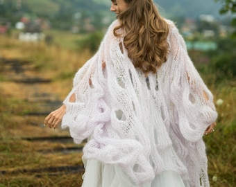 Light purple wedding cardigan Silk mohair bridal shrug Chic hand knitted cape Long chunky cardigan Evening cozy shawl Luxury knitted cover