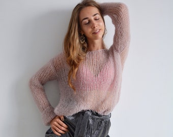 Beige purple off shoulder mohair sweater Casual chic sweater Loose knit cropped sweater Short light sweater Party evening sweater