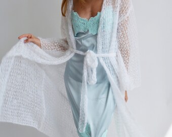White mohair wedding cardigan Bridal light bolero Bridal handknit kimono  Wedding long shrug Maxi wedding knit jacket Bridal cover up