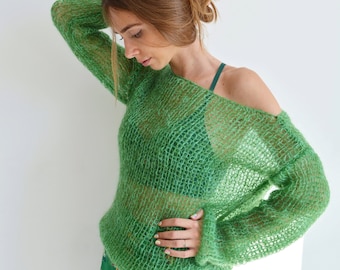 Green mohair sweater Off shoulder light sweater Handknit loose sweater Oversized spring sweater Bright basic sweater Chunky sweater