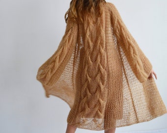 Beige alpaca wrap cardigan, Camel mohair long cardigan, Kimono handknit cardigan,Light loose knit cardigan, Bridal cover up