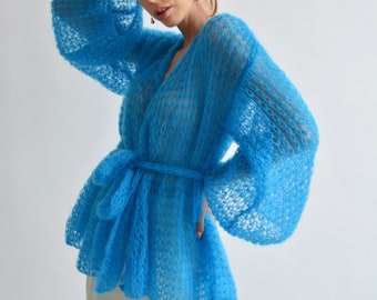 Bright blue mohair cardigan, Cropped belted cardigan, Short light cardigan, Wrap chunky knit cardigan, Oversized sexy wool  cardigan