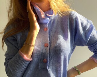 Blue collared sweater Colorblock polo style sweater Alpaca retro style sweater Buttoned stylish sweater Polo shirt wool sweater Sexy sweater