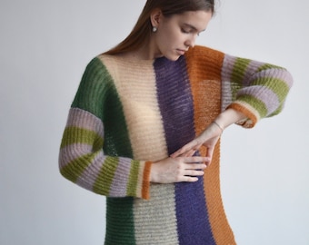 Rainbow striped sweater, Colorful mohair sweater, Long chic sweater, Unique multicolor sweater, Chunky handknit sweater, Soft sweater