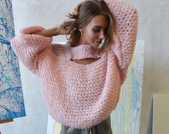 Light pink alpaca sweater Thick oversized sweater Extravagant warm sweater Soft sexy sweater Unique loose sweater Handknit sweater
