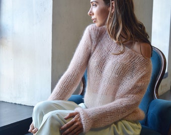 Beige mohair embroidered sweater Light chic sweater Embellished loose sweater Bridal soft sweater Oversized bohemian wool  sweater