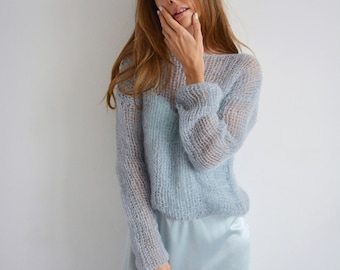 Gray blue cropped mohair sweater Light evening cover up Wedding handknit sweater Bridal soft sweater Short party sweater