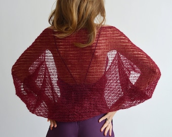 Burgundy silk mohair shrug Bridal light shawl Wedding knit cover up Red wine knit bolero Dress cover up Bridesmaid sexy cape