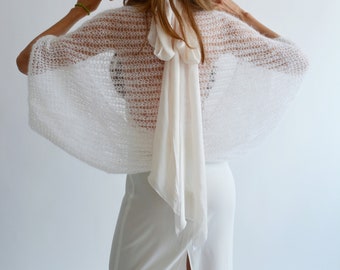 White mohair wedding shawl Knitted bridal wrap Bridal lightweight shrug Bridesmaid loose shawl Evening ivory shawl Boho shawl