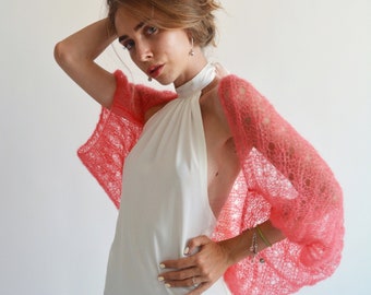 Coral silk mohair shawl, Wedding bolero shrug, Bridal knitted shawl, Evening shawl, Bridesmaid light bolero, Bridal cover up, Bridal wrap