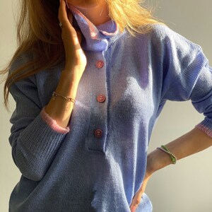 Blue collared sweater Colorblock polo style sweater Alpaca retro style sweater Buttoned stylish sweater Polo shirt wool sweater Sexy sweater