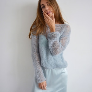 Gray blue cropped mohair sweater Light evening cover up Wedding handknit sweater Bridal soft sweater Short party sweater image 1