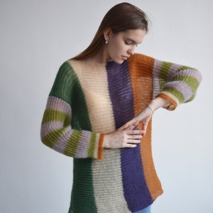 Rainbow striped sweater, Colorful mohair sweater, Long chic sweater, Unique multicolor sweater, Chunky handknit sweater, Soft sweater