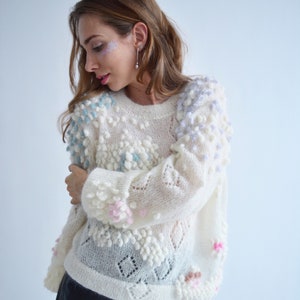 Exclusive ivory embellished sweater Mohair embroidered sweater Elegant off white sweater Soft handknit sweater Wedding creative sweater