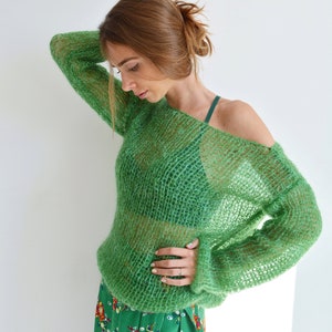Green mohair sweater Off shoulder light sweater Handknit loose sweater Oversized spring sweater Bright basic sweater Chunky sweater
