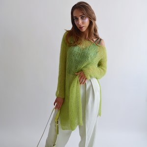 Lime green mohair tunic Knitted light tunic Asymmetric sweater Loose long sweater Big wool sweater  Maxi unique tunic  Bright spring sweater