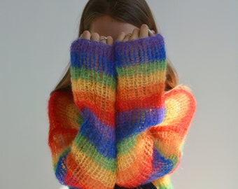 Rainbow mohair sweater Knitted striped sweater Rainbow pride pullover LGBT festival sweater Hippie colorful sweater Bright chunky sweater