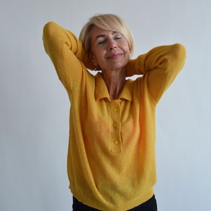 Yellow knitted polo shirt Yellow mustard collar sweater Alpaca polo style sweater Merino oversized sweater Retro buttoned wool sweater