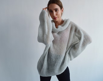 Gray mohair sweater Turtleneck extra oversized sweater Stylish big sweater Soft wool sweater Mint long sweater Chunky collared sweater