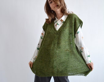 Green mohair sweater vest Loose sleeveless sweater Knitted trendy waistcoat Chunky wool waistcoat V neck fashion vest  Long oversized vest