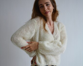Ivory mohair V neck sweater Thick warm sweater Handknit sexy sweater Fluffy oversized sweater Chic wool sweater Bohemian loose sweater