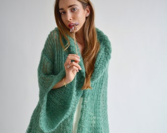 Green Mohair Hooded Cardigan Belted 