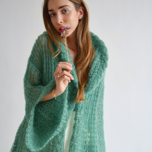Green Mohair Hooded Cardigan Belted 