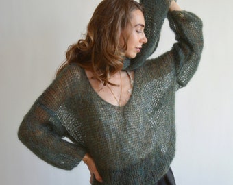Khaki green mohair sweater V neck loose sweater Knitted sweater with scarf Open back chunky sweater Oversized stylish sweater