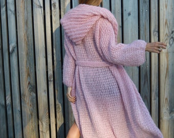 Pink mohair long cardigan Thick hooded cardigan with lurex Embroidered belted cardigan Chunky warm cardigan Embellished silver knit cardigan