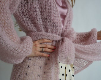 Rose gold short cardigan Mohair belted 
