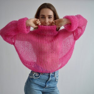 Bright fuchsia pink sweater Turtleneck mohair sweater Loose handknit sweater Soft sexy wool sweater Stylish oversized knit sweater image 1